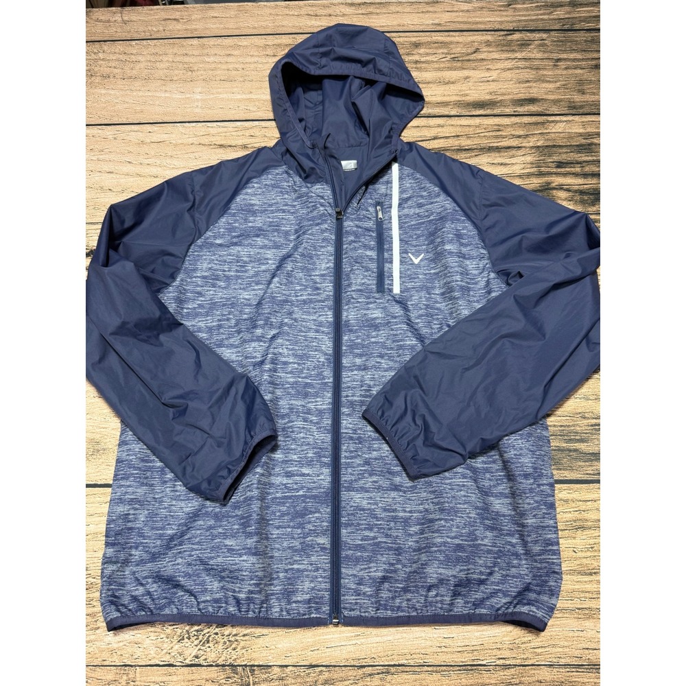 Callaway Windbreaker Jacket Mens Large Blue Space Dye Hooded Full Zip Golf Coat